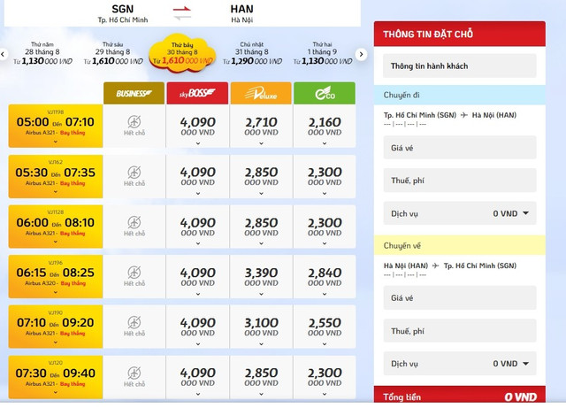 Giá vé máy bay ngày 30/8 chặng TP HCM - Hà Nội của hãng Vietjet Air. Ảnh chụp màn hình ve-may-bay.jpg