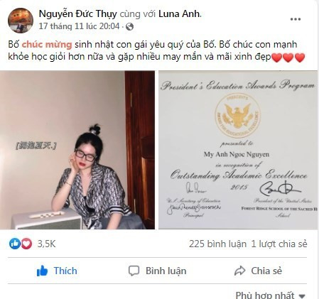 Bầu Thụy từng đăng tải hình ảnh bằng khen cùng lời chúc mừng sinh nhật con gái với niềm tự hào. Ảnh chụp màn hình bau-thuy.jpg