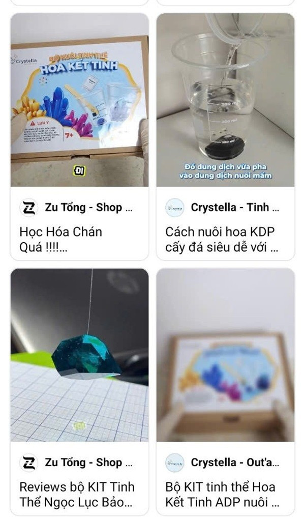 Các clip hướng dẫn và rao bán bộ kit “nuôi tinh thể” trên mạng xã hội. Ảnh chụp màn hình anh1.jpg