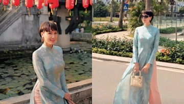 Mẹ vợ Đoàn Văn Hậu diện áo dài, xách túi hiệu du xuân