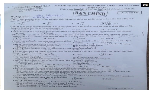 Đề thi THPT quốc gia môn Vật lý năm 2015 mã đề 841 và đáp án