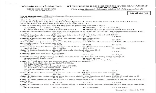 Đề thi THPT quốc gia môn Hóa học năm 2015 mã đề 748 và đáp án