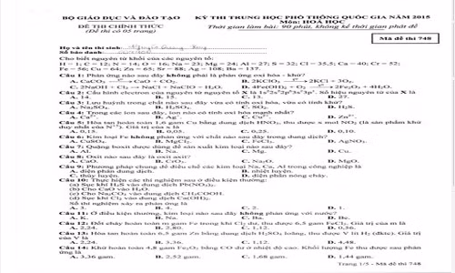 Đề thi THPT quốc gia môn Hóa học năm 2015 mã đề 748 và đáp án
