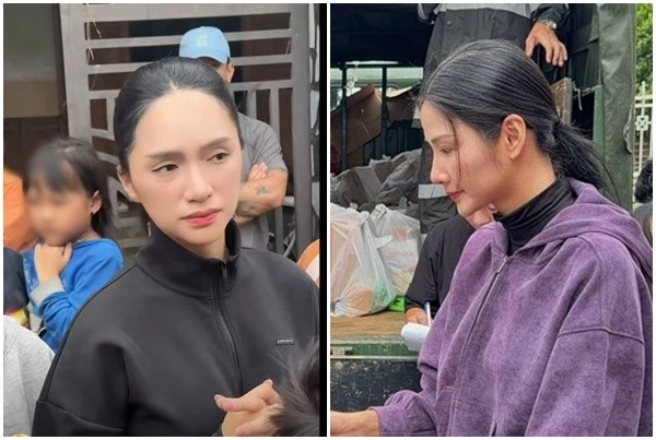 Hoàng Thùy - Hương Giang đi trao quà cho người dân vùng lũ