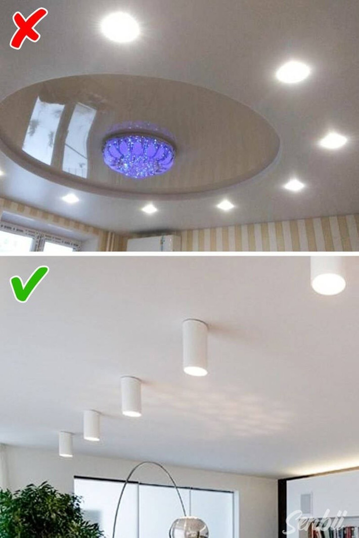 Đèn lớn gắn trên trần nhà không còn được ưa chuộng như những năm trước. Để căn phòng ấm cúng, nên sử dụng đèn bàn, đèn sàn hoặc đèn chùm đơn trên trần nhà. Ảnh: Brightside