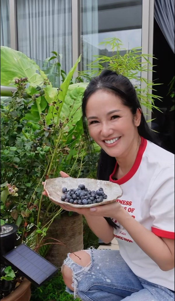 Nữ ca sĩ hào hứng khoe những trái blueberry sạch, không hóa chất hái trong vườn. Ảnh chụp màn hình