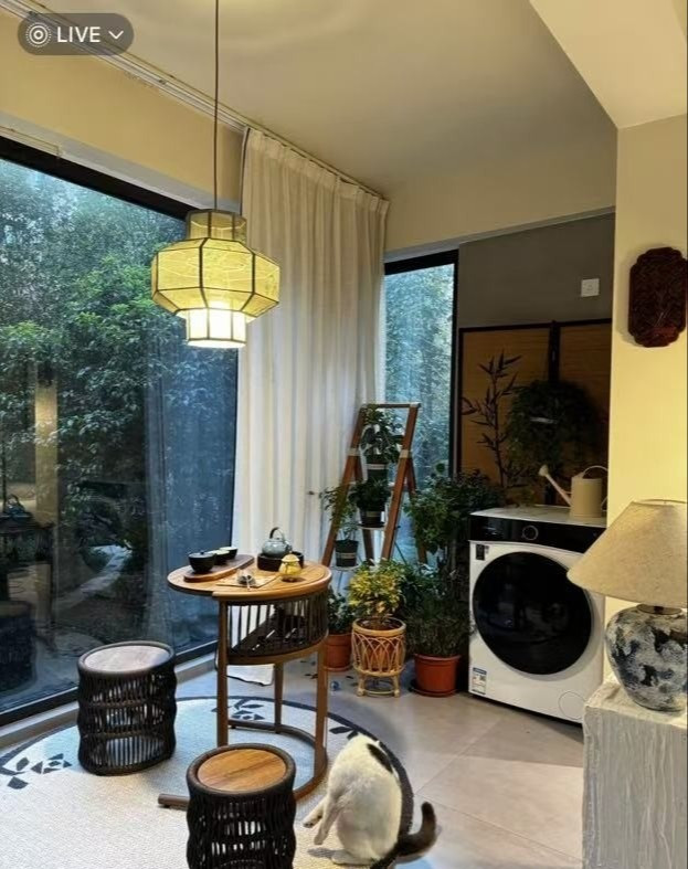 Một bên ban công, nữ chủ nhân đặt máy giặt lồng ngang nhưng được khéo léo che chắn bởi tấm bình phong cổ điển, kết hợp với cây xanh. Ảnh: Sohu