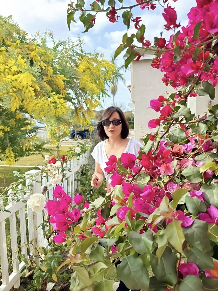 Hàng rào trắng trước hiên nhà được bao phủ bởi hoa giấy rực rỡ. Ảnh FB Hồng Đào