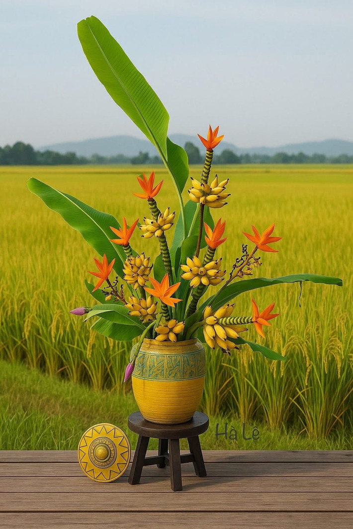 Khác với chuối vườn nhà có hoa mọc thõng xuống phía dưới, hoa chuối đuốc mọc thẳng đứng ở ngọn. Ảnh: FB Sple Nguyet