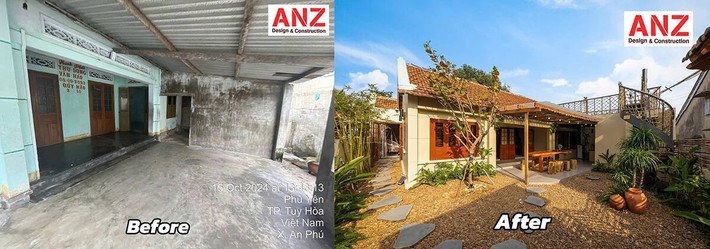 Theo đó, mái tôn cũ, thay bằng khung pergola gỗ phủ cây xanh và đèn dây lung linh. Lối vào được thiết kế lại với không gian mở và tiểu cảnh đá tự nhiên. Ảnh: Minq Bui