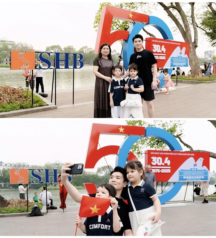 Thiếu gia Đỗ Quang Vinh giản dị cùng mẹ và các con dạo chơi bên Hồ Gươm. Ảnh: FB Đỗ Quang Vinh