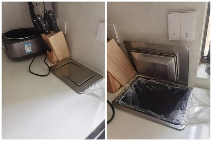 Từng được coi là món đồ tiện lợi, nhưng sau một thời gian sử dụng thùng rác âm tủ bộc lộ hàng loạt nhược điểm như gây mùi nặng, dễ đọng nước, bẩn và khó vệ sinh. Ảnh: Toutiao