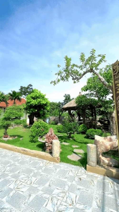 Khu vườn nhỏ bên ngoài bày biện nhiều cây cảnh, một căn chòi hóng mát và ao cá. Ảnh chụp màn hình
