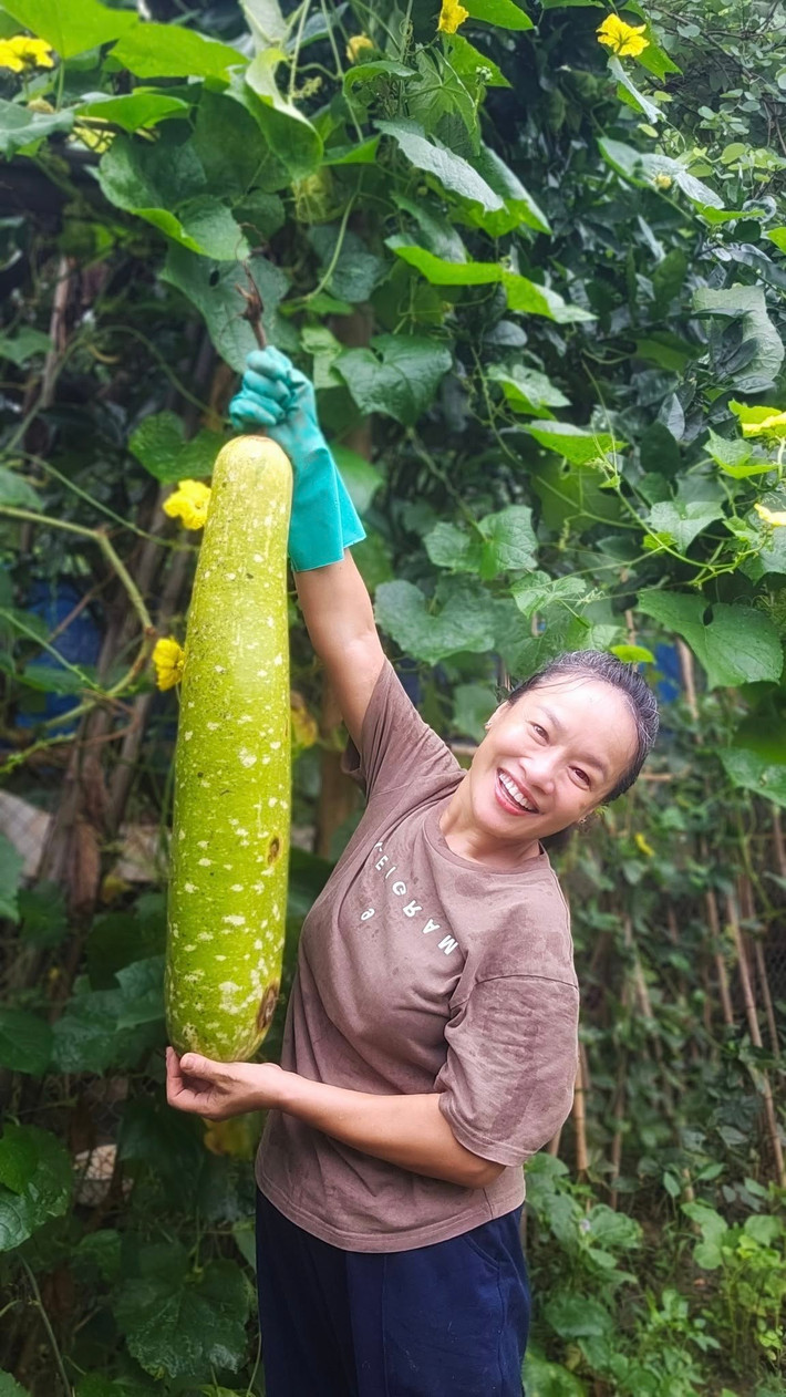 Diễn viên Tú Oanh cười thích thú khi trái bầu dài bằng cả cánh tay. Ảnh: FB Oanh Le Tu