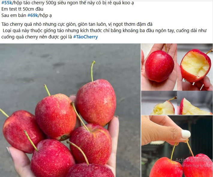 Một số cửa hàng trái cây quảng cáo, táo cherry quả nhỏ nhưng giòn tan, vị ngọt thơm đậm đà. Ảnh chụp màn hình