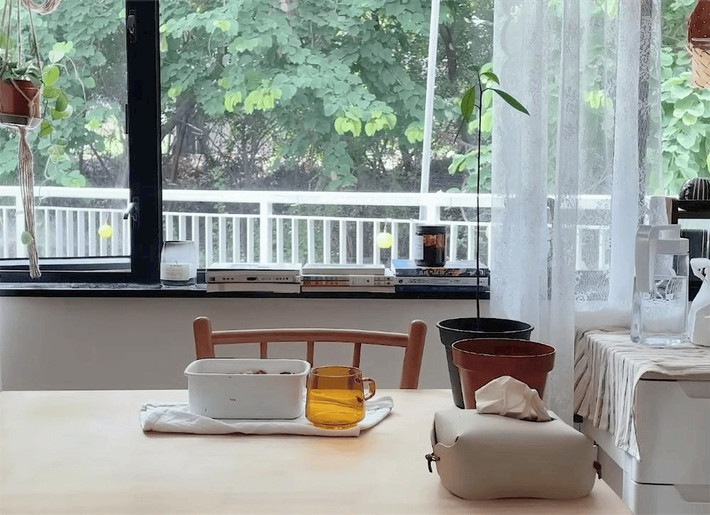 Bàn ăn đặt cạnh cửa sổ lớn, nhìn ra không gian xanh mát. Ảnh: Sohu