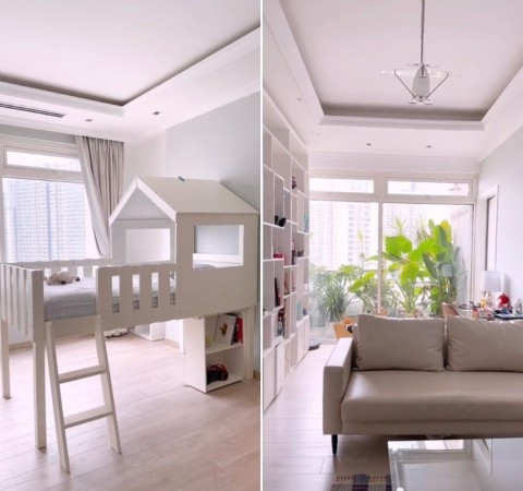 Mỗi tầng trong căn hộ sẽ là một khu vực riêng. Tầng 1 là phòng khách với 2 ban công; tầng 2 là khu vực phòng ngủ master, bếp, phòng ăn và phòng giặt đồ cùng ban công lớn. Ảnh: FBNV
