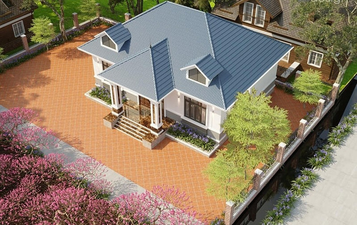 Nhà cấp 4 gác lửng mái Nhật chú trọng đến hình dáng đơn giản, độ dốc nhẹ, giúp hạn chế tác động của ánh nắng mặt trời. Ảnh: 3bdesign