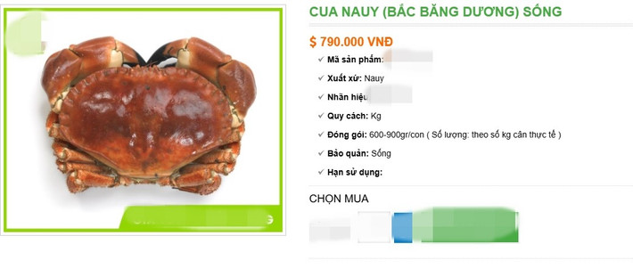 Trong khi đó, tại các cửa hàng hải sản, cua nâu Na Uy tươi sống giá 700.000 - 800.000 đồng/kg. Ảnh chụp màn hình