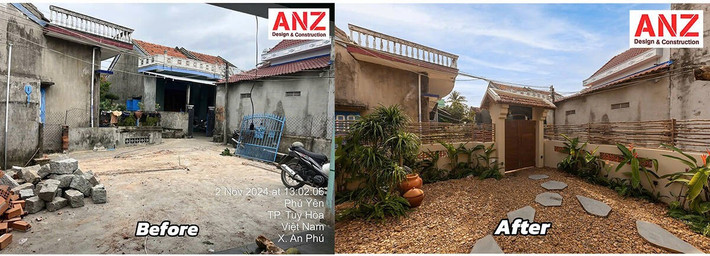 Ngôi nhà cấp 4 cũ có lớp sơn bạc màu, mặt tiền đơn điệu và không gian tối tăm. Sân trước thiếu điểm nhấn và không tạo được cảm giác thoải mái cho người sử dụng. Ảnh: Minq Bui