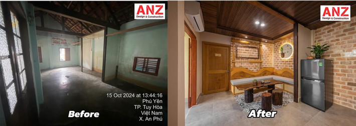 Không gian bên trong được tái cấu trúc đáng kể. Cửa kính gỗ lớn cho phép ánh sáng tự nhiên len lỏi vào mọi ngóc ngách. Ảnh: Minq Bui