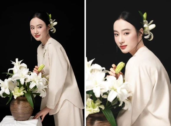 Angela Phương Trinh gây chú ý tạo dáng bên hoa loa kèn