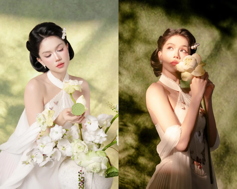 'Nữ hoàng nội y' Ngọc Trinh khoe vẻ đẹp thuần khiết bên bình hoa sen trắng