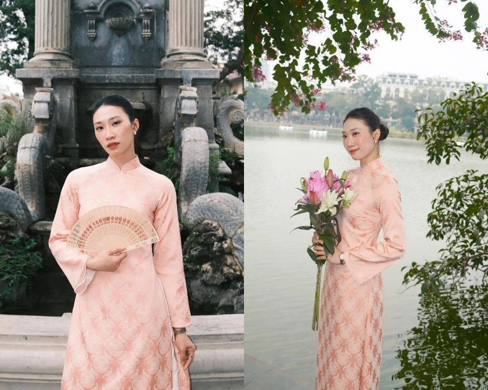 Hoa khôi bóng chuyền Nguyệt Anh diện áo dài rất xinh đẹp chào đón năm mới 