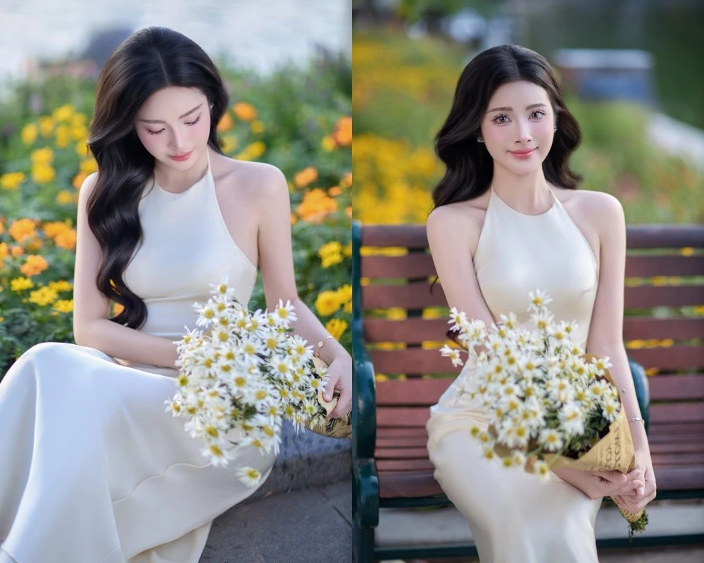 Hoa khôi Thanh lịch Hà Nội 2025 khoe dáng dịu dàng bên cúc họa mi