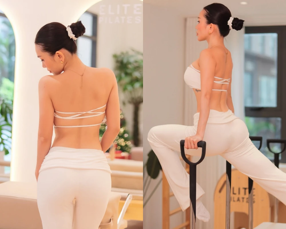 Sĩ Thanh khoe lưng trần nuột nà miễn chê trong phòng tập pilates