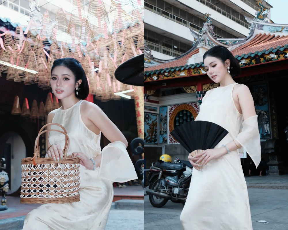 Hot TikToker Bò Chảnh thả dáng với áo lụa mềm mại giữa phố người Hoa Sài Gòn