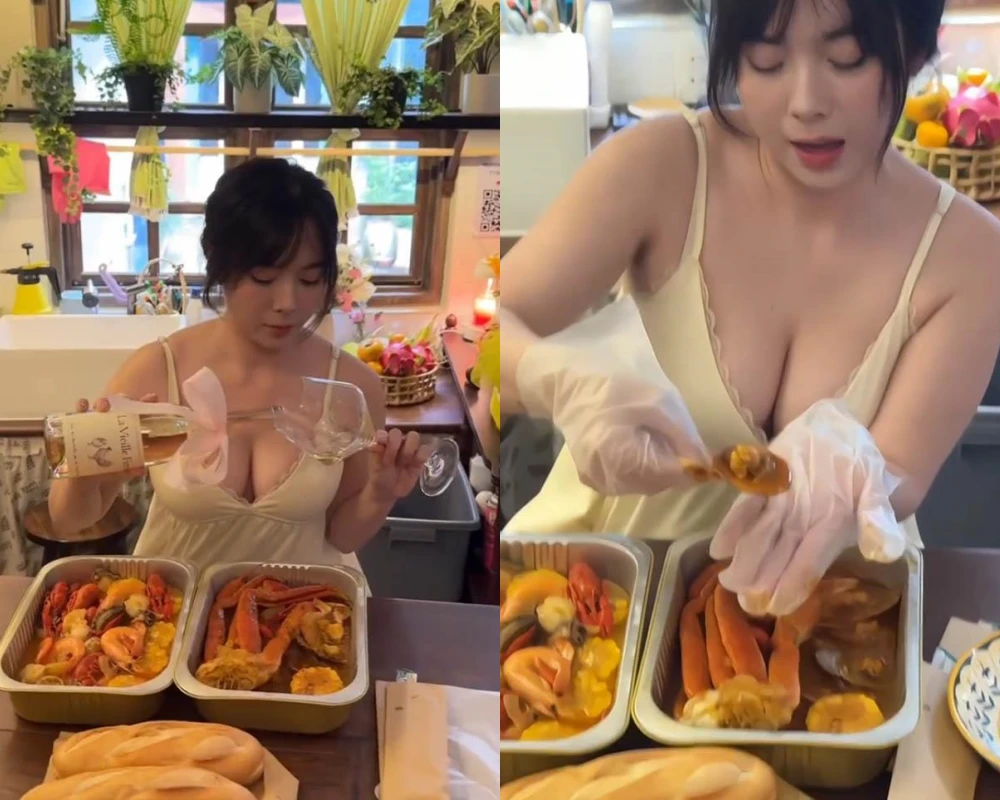 Làm video 'mukbang', nàng hot girl gây chú ý với vòng 1 'nảy nở'