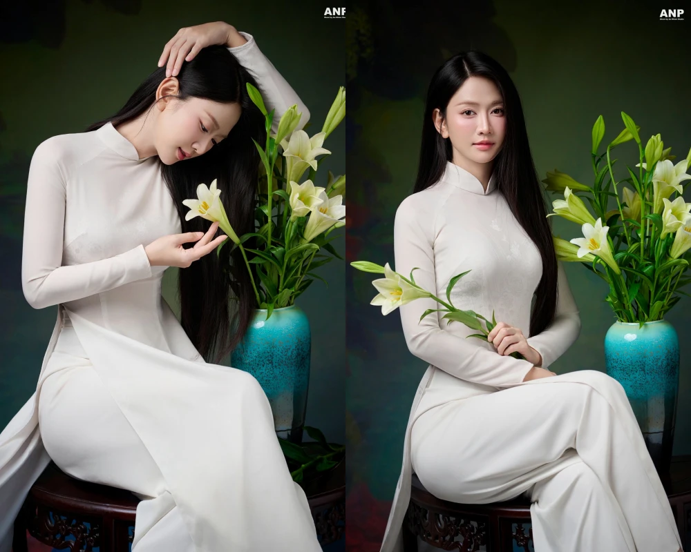 Lê Bống diện áo dài trắng tái hiện bức tranh “Thiếu nữ bên hoa huệ”