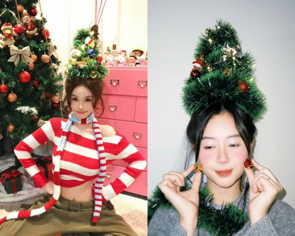 Trend buộc tóc cây thông Noel gây sốt mùa Giáng sinh 2025