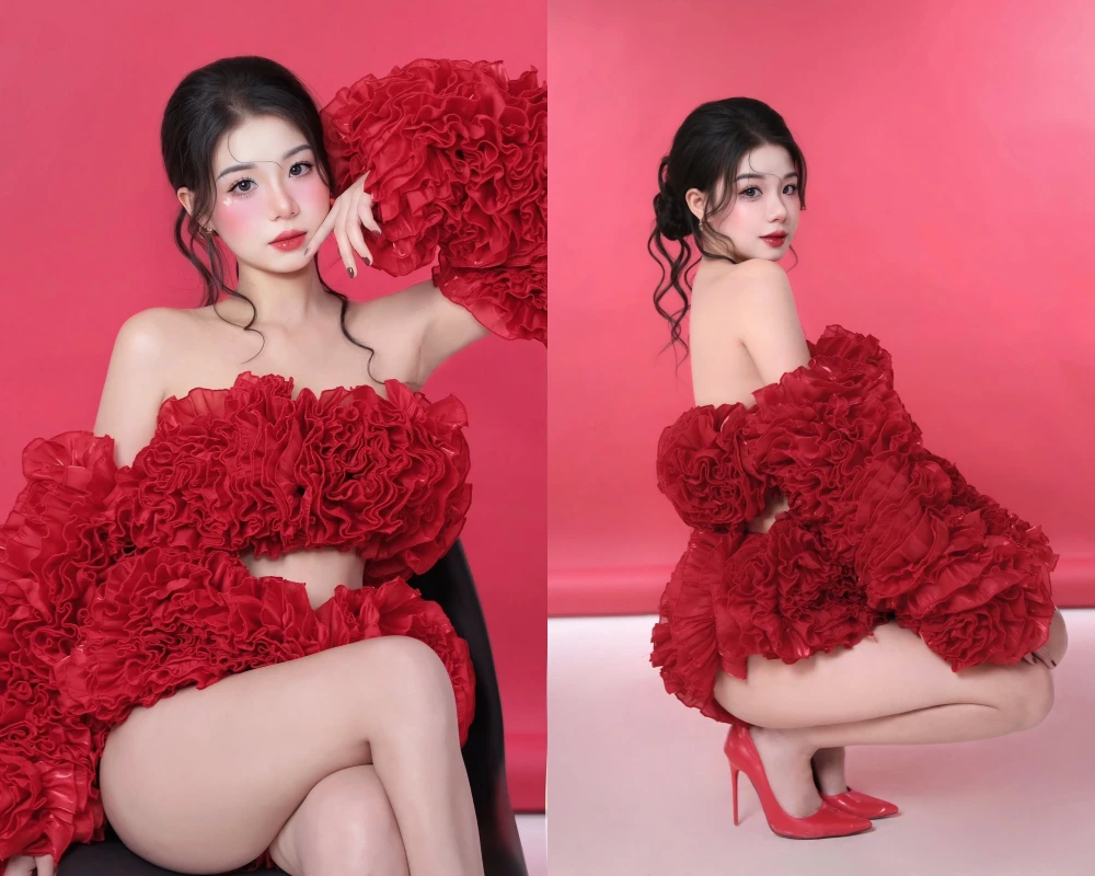 Hot girl Trà Hạ Ly 'đốt mắt' người nhìn với váy đỏ rực rỡ tựa cánh hồng nhung