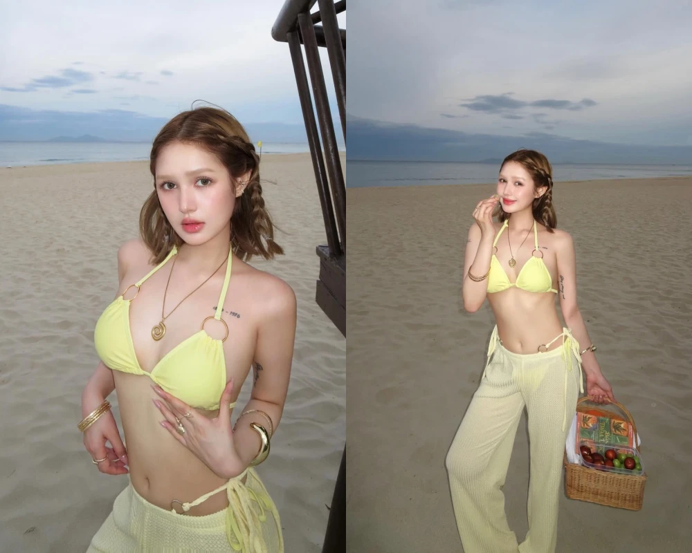 Xoài Non "đốt mắt" người hâm mộ với bikini vàng rực rỡ tại bãi biển