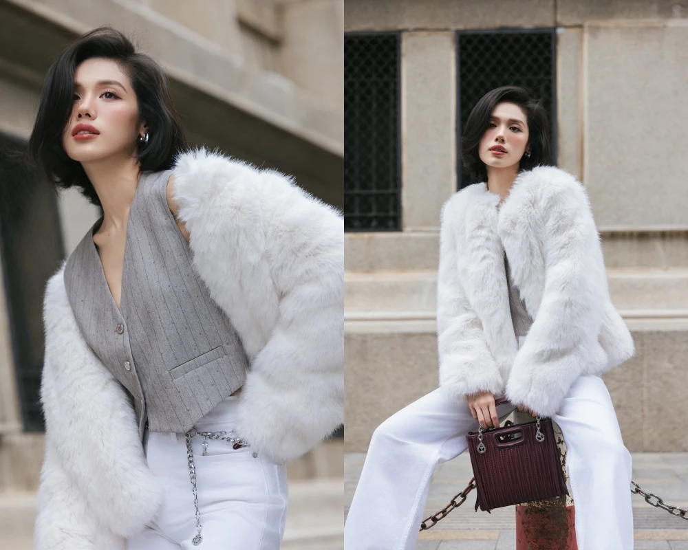 Diễn viên Trâm Anh khoe nhan sắc kiêu sa trong chiếc áo lông trắng