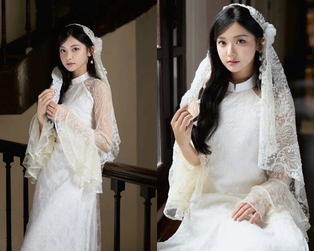 Hot girl TikTok Quỳnh Trương diện áo dài và khăn voan tựa nàng thơ