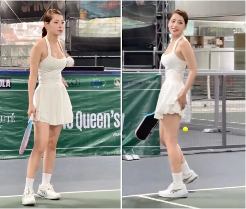 Chi Pu khoe vòng eo trứ danh khiến sân pickleball mất tập trung