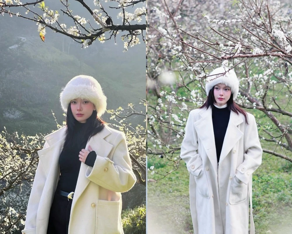 Đỗ Yên Đan chụp ảnh trong vườn hoa mận, nổi bật giữa mùa xuân Tây Bắc