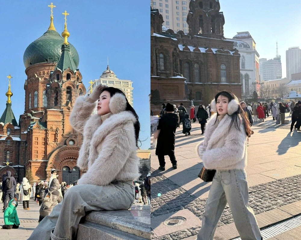 Hot girl Hoàng Anh Ốc khoe nhan sắc rạng rỡ giữa mùa đông Cáp Nhĩ Tân