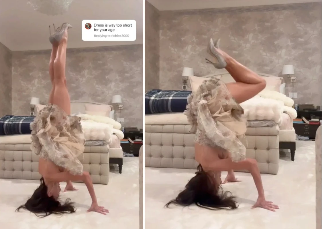 Nữ HLV yoga mặc váy ngắn trồng cây chuối gây tranh cãi