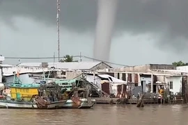 Vòi rồng cao hàng trăm mét lại xuất hiện trên vùng biển Cà Mau