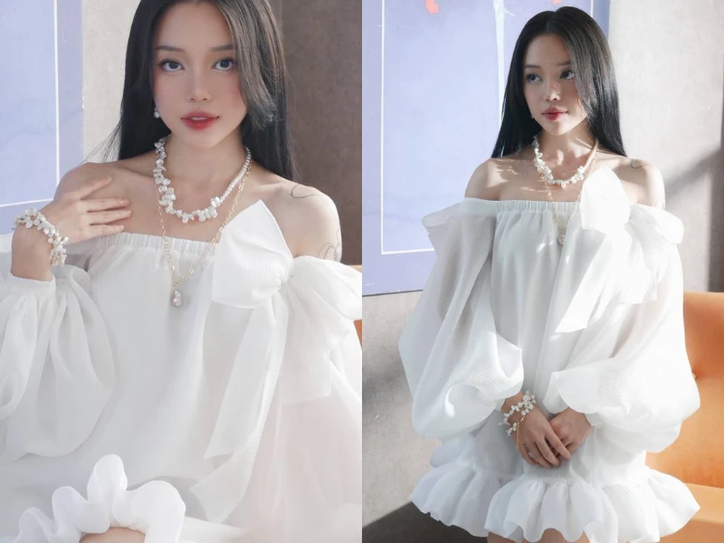 Linh Ngọc Đàm hóa tiểu thư dịu dàng, khoe bờ vai trần mong manh