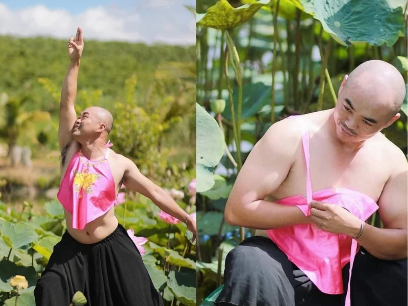 “Phát hoảng” với bộ ảnh người đàn ông mặc yếm chụp sen