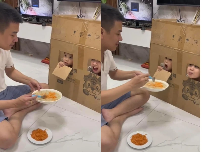 Netizen ào ào xin cách ông bố trẻ cho con ăn trong 5 phút