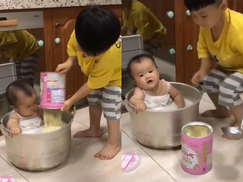 Mẹ vắng nhà, người anh có màn pha sữa cho em bá đạo