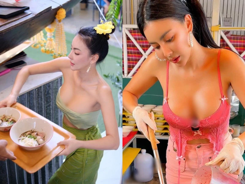 Cô chủ quán ăn diện hở hang bê đồ khiến khách sững sờ