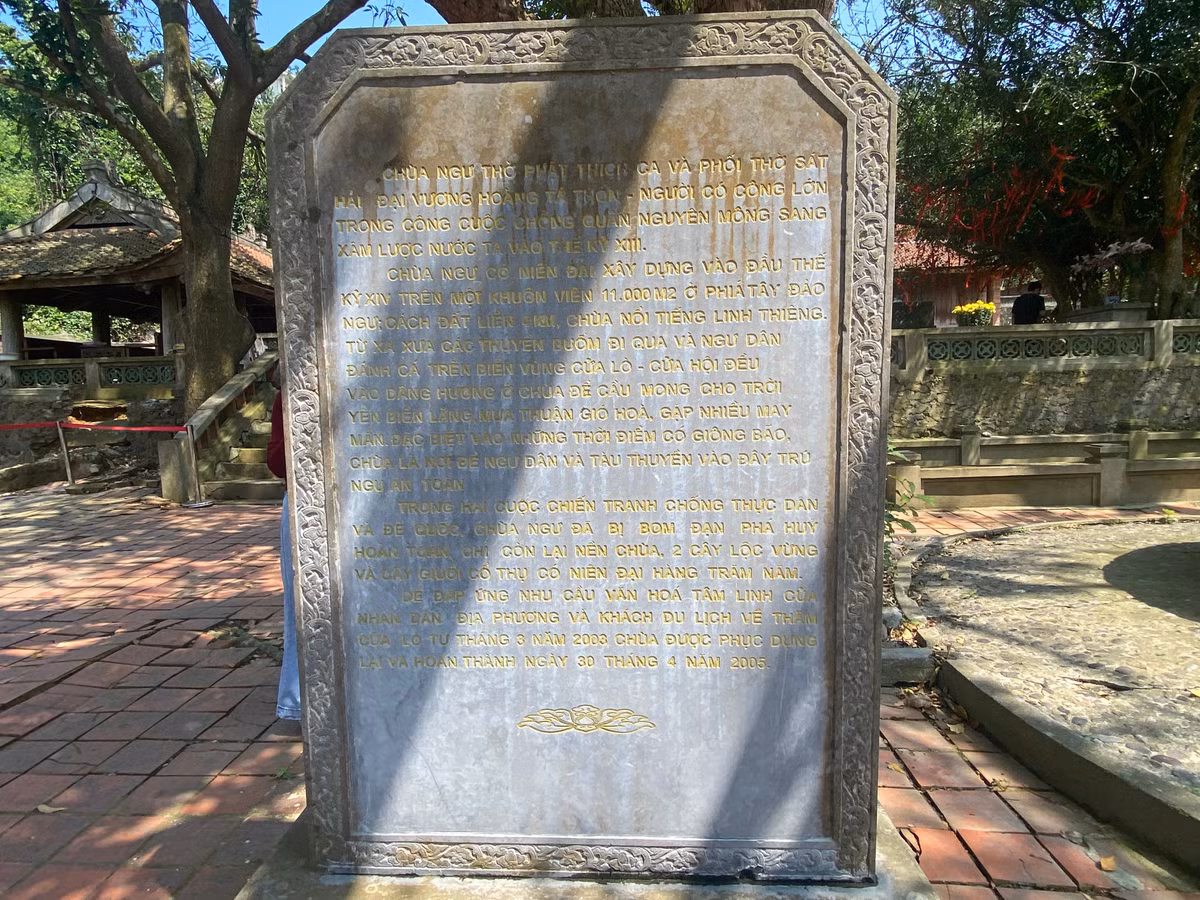 Tấm bia đá ghi rõ lịch sử hình thành ngôi chùa được đặt trang trọng ngay phía trước cổng. Nội dung ghi rõ Chùa Song Ngư thờ Phật Thích ca và phối thờ Sát hải Đại vương Hoàng Tá Thốn người có công lớn trong việc đánh giặc Nguyên Mông sang xâm lược nước ta vào thế kỷ XIII.