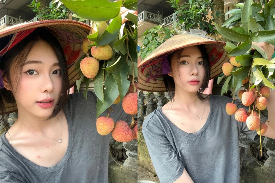 Hot girl viral với loạt ảnh thôn nữ bên vườn vải chín mọng